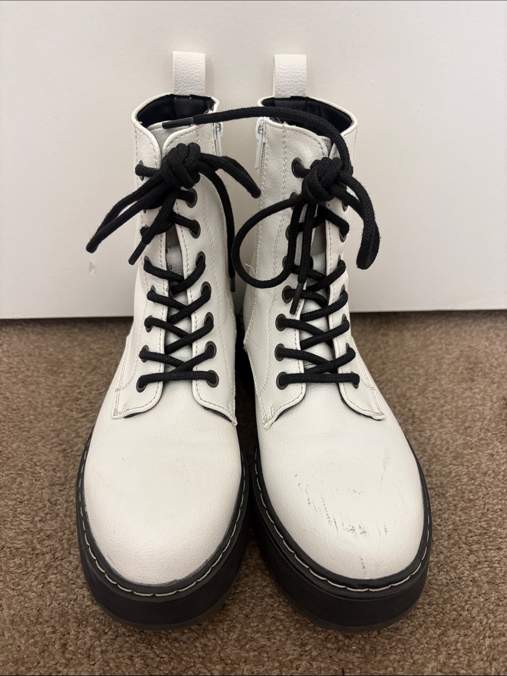 Sincerly Jules White Lace-Up Platform Combat Boots with Black Laces
